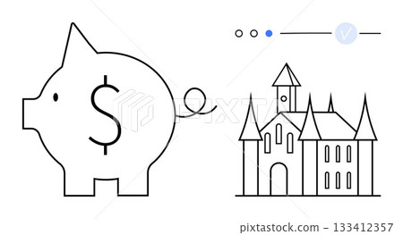 Piggy bank with dollar sign next to a castle outline. Ideal for finance, investment, real estate, savings, dreams, goals, budgeting themes. Line metaphor 133412357
