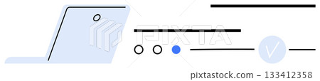 Open laptop with lines, circles, and check mark signifying workflow. Ideal for business processes, productivity, project management, digital work, online communication, technology and organization 133412358