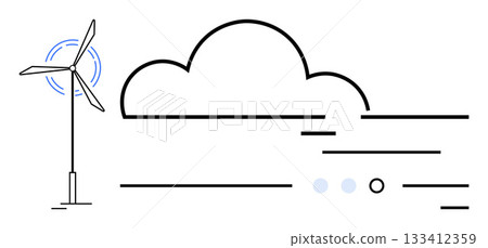 Wind turbine with rotating blades next to a cloud and horizontal airflow lines. Ideal for clean energy, sustainability, environment, green technology, climate action, renewable resources, future 133412359