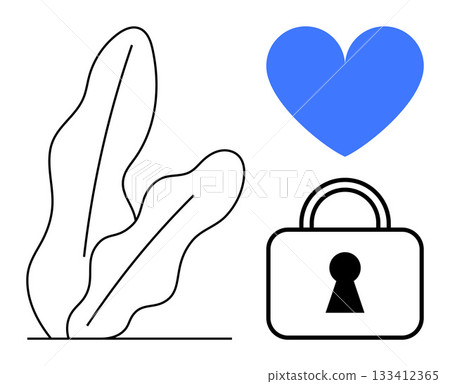 Blue heart above a padlock beside abstract plants in a minimalist design. Ideal for love, relationships, security, trust, growth, nature, wellness. Line metaphor Blue heart above a padlock beside abstract plants in a minimalist design. Ideal for love, relationships, security, trust, growth, nature, wellness. Line metaphor 133412365