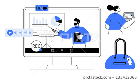 Man presenting data on screen, woman holding tablet, handbag with price tag. Ideal for webinars, virtual training, remote work, digital marketing, online shopping e-learning. Line metaphor Man presenting data on screen, woman holding tablet, handbag with price tag. Ideal for webinars, virtual training, remote work, digital marketing, online shopping e-learning. Line metaphor 133412366