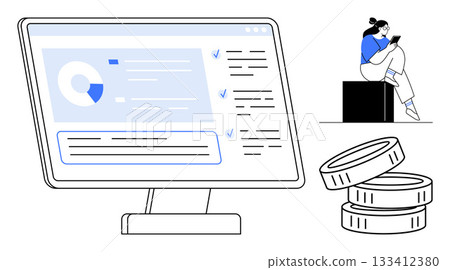 Computer screen displaying data analysis dashboard, woman using tablet while seated, and stacked coins. Ideal for financial insights, tech solutions, business planning, remote work, investment Computer screen displaying data analysis dashboard, woman using tablet while seated, and stacked coins. Ideal for financial insights, tech solutions, business planning, remote work, investment 133412380