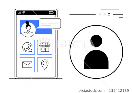 Smartphone screen displaying user profile picture, contact, location, message, and store icons. User avatar in a large circle beside the phone. Ideal for social media, online stores, messaging apps 133412389