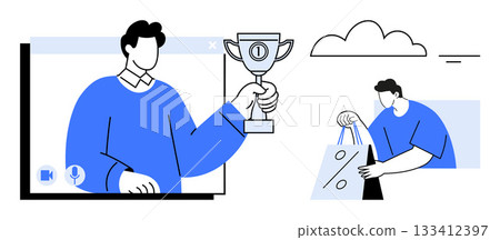 Man attending virtual meeting and holding a trophy, another man carrying shopping bags. Ideal for teamwork, remote success, e-commerce, online meetings, motivation, rewards virtual events. Line 133412397