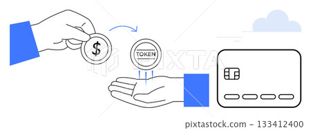 Exchanging coin for token symbolizing digital transactions between hands. Card represents financial transaction. Ideal for finance, tech, banking, e-commerce, fintech, cybersecurity, digital Exchanging coin for token symbolizing digital transactions between hands. Card represents financial transaction. Ideal for finance, tech, banking, e-commerce, fintech, cybersecurity, digital 133412400