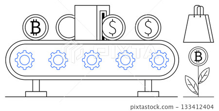 Conveyor belt with Bitcoin and dollar coins, digital gears, shopping bag, and Bitcoin plant sprout. Ideal for finance, e-commerce, technology, cryptocurrency, digital transactions financial growth 133412404