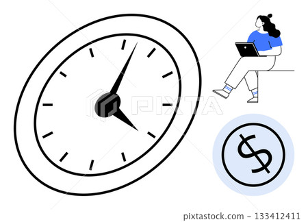 Large clock with numbered markings, woman sitting with a laptop, and a dollar sign in a circle. Ideal for productivity, time management, project planning, remote work, efficiency, business strategy Large clock with numbered markings, woman sitting with a laptop, and a dollar sign in a circle. Ideal for productivity, time management, project planning, remote work, efficiency, business strategy 133412411