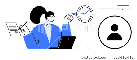 Businesswoman pointing at wall clock, holding documents, working on laptop. Ideal for time management, productivity, remote work, business strategy, project planning, office efficiency. Line metaphor Businesswoman pointing at wall clock, holding documents, working on laptop. Ideal for time management, productivity, remote work, business strategy, project planning, office efficiency. Line metaphor 133412412