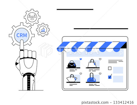 Robotic hand touches CRM gear alongside two other gears representing network and analytics. Online store interface showcases bags and shopping elements. Ideal for retail automation, e-commerce 133412416