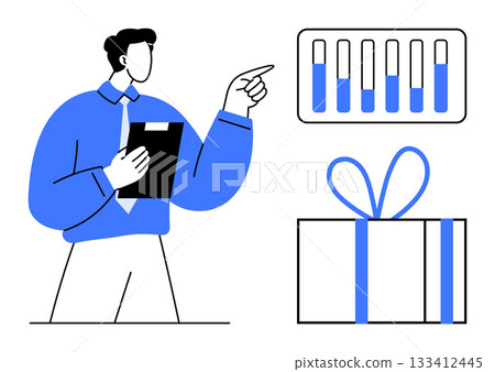 Man holding clipboard and pointing at bar chart. Gift box with blue ribbon beside him. Ideal for business presentations, data analysis, workplace themes, corporate gifts, business growth, leadership Man holding clipboard and pointing at bar chart. Gift box with blue ribbon beside him. Ideal for business presentations, data analysis, workplace themes, corporate gifts, business growth, leadership 133412445