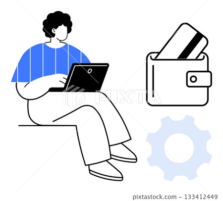 Person using a laptop, adjacent to a digital wallet containing a credit card and a gear icon. Ideal for finance, technology, e-commerce, digital payment, online banking, fintech user settings. Line 133412449