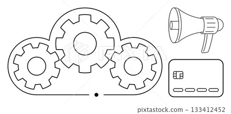 Cloud computing with interconnected gears representing operations, accompanied by a credit card and a megaphone. Ideal for technology, business operations, marketing strategies, financial services Cloud computing with interconnected gears representing operations, accompanied by a credit card and a megaphone. Ideal for technology, business operations, marketing strategies, financial services 133412452