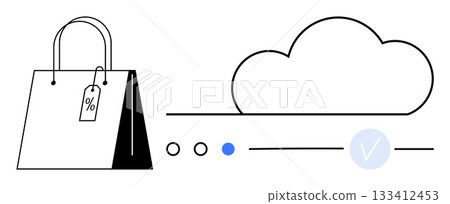 Shopping bag with a percentage tag, stylized cloud, and navigation dots. Ideal for online shopping, e-commerce platforms, digital marketing, cloud services, data management, retail sales promotions 133412453