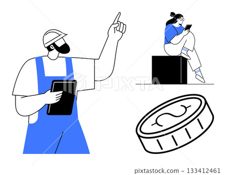 Construction worker in uniform holding tablet, pointing upwards while office professional sits on block with tablet, coin representing money. Ideal for teamwork, construction, finance, business 133412461