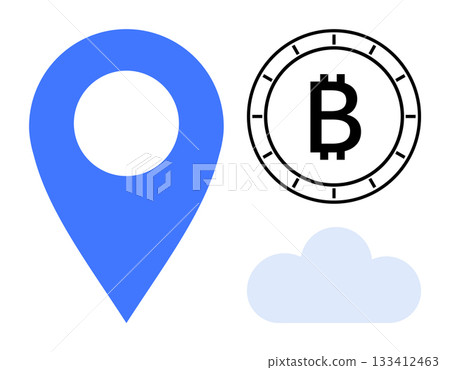 Location pin in blue, Bitcoin symbol in a circle, and light blue cloud icon. Ideal for fintech, cryptocurrency, GPS technology, cloud computing, digital finance, navigation apps, and online services 133412463