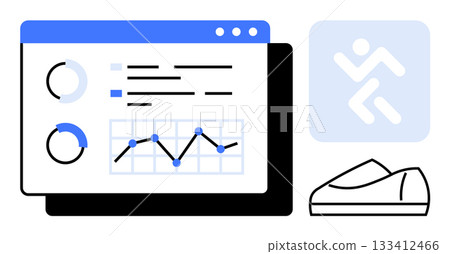 Fitness dashboard displaying performance metrics, charts, and graphs alongside running shoes and exercise icon. Ideal for health apps, fitness analytics, workout planning, sports training, personal 133412466