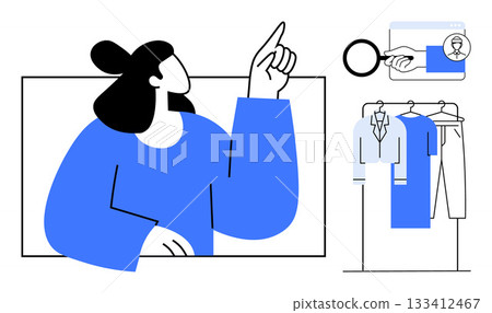 Woman pointing up toward an online job opening while clothes on hangers present career choices. Ideal for job search, career planning, employability, decision making, guiding, employment tips 133412467