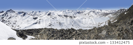 Stunning panorama of Leirvassbu winter landscape from Kyrkja mountain in Jotunheimen National Park 133412475