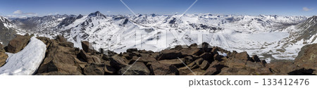 Snowy panorama of Leirdalen valley viewed from Kyrkja mountain top on June 21 in Jotunheimen National Park, Norway 133412476