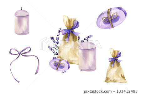 Lavender aroma spa watercolor set with fabric sachet, purple soap bar, candle and violet bow, spa composition illustration.Hand drawn skin and body care collection,organic cosmetics clipart for design Lavender aroma spa watercolor set with fabric sachet, purple soap bar, candle and violet bow, spa composition illustration.Hand drawn skin and body care collection,organic cosmetics clipart for design 133412483