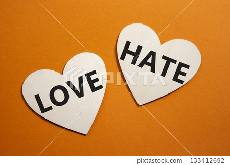 Love vs Hate symbol. Concept word Love vs Hate on wooden hearts. Beautiful orange background. Business and Love vs Hate concept. Copy space 133412692