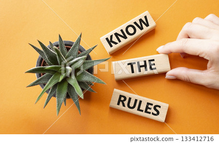 Know the rules symbol. Wooden blocks with words Know the rules. Businessman hand. Beautiful orange background with succulent plant. Business and Know the rules concept. Copy space. Know the rules symbol. Wooden blocks with words Know the rules. Businessman hand. Beautiful orange background with succulent plant. Business and Know the rules concept. Copy space. 133412716