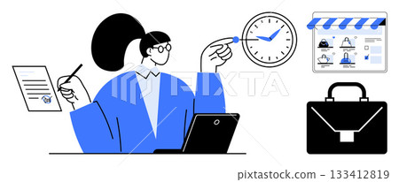 Woman with ponytail holds a pencil, points at clock, operates laptop. Documents, website design, and briefcase nearby. Ideal for productivity, multitasking, business planning online presence time 133412819