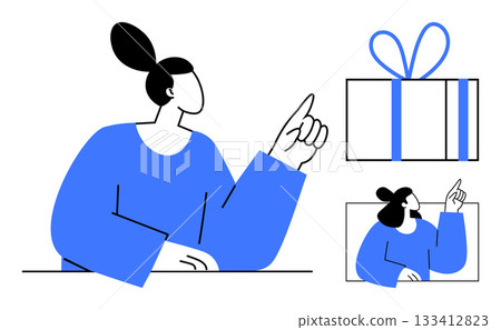 Woman pointing at a large gift box with blue ribbon. Ideal for holiday promotions, gift ideas, celebrations, party invitations, marketing materials, social media graphics, and customer rewards. Line Woman pointing at a large gift box with blue ribbon. Ideal for holiday promotions, gift ideas, celebrations, party invitations, marketing materials, social media graphics, and customer rewards. Line 133412823