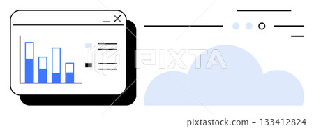 Bar graph interface with blue data bars in a computer window beside a light blue cloud. Ideal for data analysis, cloud computing, technology presentations, business reports, network strategy, tech Bar graph interface with blue data bars in a computer window beside a light blue cloud. Ideal for data analysis, cloud computing, technology presentations, business reports, network strategy, tech 133412824