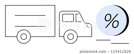 Outline of a delivery truck and a large percentage symbol suggesting discounts or savings. Ideal for logistics, shipping, e-commerce, delivery services, business promotions, cost savings, marketing 133412826