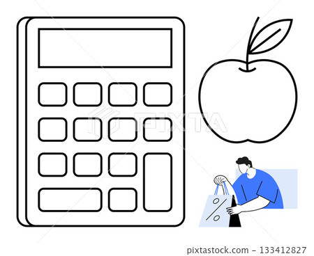 Calculator, apple, and shopper holding bags. Ideal for budgeting, healthy eating, financial planning, grocery shopping, consumer behavior educational materials awareness campaigns. Line metaphor Calculator, apple, and shopper holding bags. Ideal for budgeting, healthy eating, financial planning, grocery shopping, consumer behavior educational materials awareness campaigns. Line metaphor 133412827