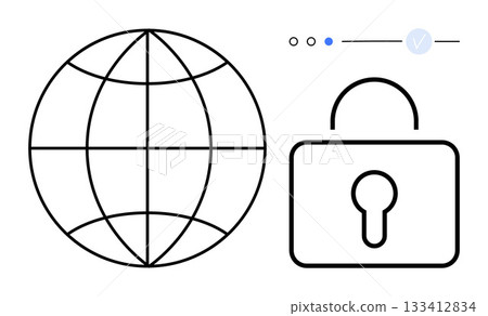 Globe with grid representing global connectivity, padlock indicating security, small circles, and line check mark. Ideal for internet security, privacy, encryption, cybersecurity, online protection Globe with grid representing global connectivity, padlock indicating security, small circles, and line check mark. Ideal for internet security, privacy, encryption, cybersecurity, online protection 133412834