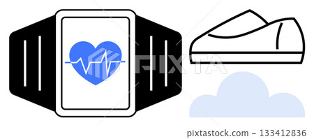Smartwatch displaying heart rate, athletic shoe, and cloud graphic representing fitness, health tracking, and data synchronization. Ideal for fitness, health apps, sports gear, healthcare, wellness 133412836
