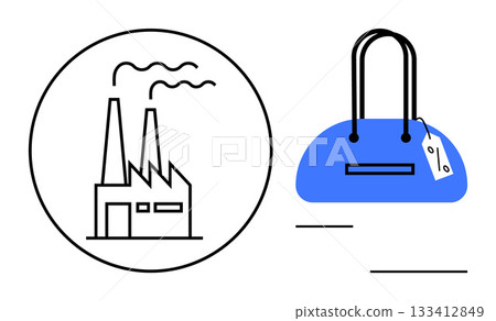 Factory building with chimneys inside a circle, blue handbag with tag. Ideal for manufacturing, retail, commerce, production, consumer goods, industrial processes supply chain. Line metaphor 133412849