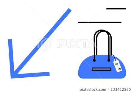 Blue handbag with handle and price tag beside downward blue arrow and black lines representing decreased prices or discounts. Ideal for sales promotions, retail advertising, shopping deals, fashion 133412850