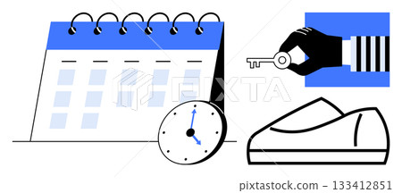 Calendar with spiral rings, clock showing 1010, hand holding key, and pair of shoes. Ideal for scheduling, productivity, time management, organization, punctuality, accessibility, planning. Line Calendar with spiral rings, clock showing 1010, hand holding key, and pair of shoes. Ideal for scheduling, productivity, time management, organization, punctuality, accessibility, planning. Line 133412851