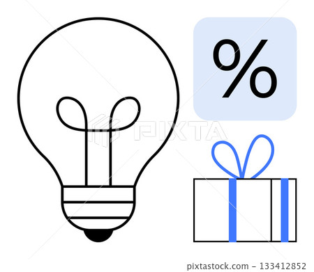 Light bulb icon with black outline, blue and white gift box with bow, and percentage sign in blue square. Ideal for marketing, innovation, sales, discount offers, product deals, gift promotions Light bulb icon with black outline, blue and white gift box with bow, and percentage sign in blue square. Ideal for marketing, innovation, sales, discount offers, product deals, gift promotions 133412852