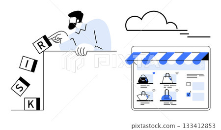 Businessman manipulating blocks spelling RISK beside online store interface with product images. Ideal for business, risk management, e-commerce, online shopping, cloud technology, strategy sessions Businessman manipulating blocks spelling RISK beside online store interface with product images. Ideal for business, risk management, e-commerce, online shopping, cloud technology, strategy sessions 133412853