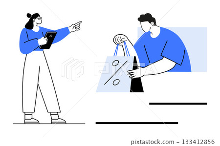 Woman pointing while holding clipboard and person holding shopping bags with percentage sign. Ideal for e-commerce, sales, discounts, consumer behavior, marketing strategies, customer engagement 133412856