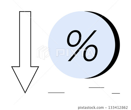 Downward arrow pointing left next to a blue circle with percentage symbol inside. Ideal for financial reports, economic trends, sales decrease, market analysis, budgeting, business planning, and risk Downward arrow pointing left next to a blue circle with percentage symbol inside. Ideal for financial reports, economic trends, sales decrease, market analysis, budgeting, business planning, and risk 133412862