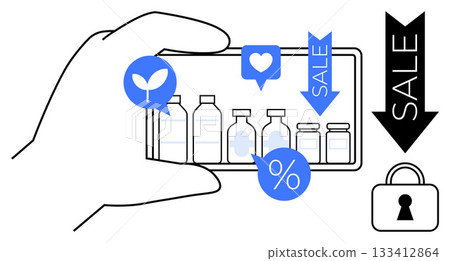 Hand holding smartphone displaying various bottles with sale icons, percentage symbol, love icon, plant icon, and a lock. Ideal for e-commerce, online shopping, mobile apps, discounts promotions Hand holding smartphone displaying various bottles with sale icons, percentage symbol, love icon, plant icon, and a lock. Ideal for e-commerce, online shopping, mobile apps, discounts promotions 133412864