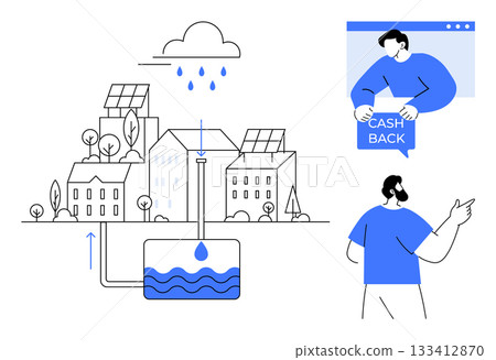 Buildings equipped with solar panels and rainwater harvesting system emphasize sustainable living. Two individuals engage in discussion about cashback benefits. Ideal for renewable energy, urban Buildings equipped with solar panels and rainwater harvesting system emphasize sustainable living. Two individuals engage in discussion about cashback benefits. Ideal for renewable energy, urban 133412870