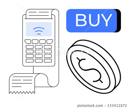 POS terminal printing receipt, stylized coin with dollar sign, and blue BUY button. Ideal for e-commerce, online shopping, retail transactions, digital payments, cashless society, business finance POS terminal printing receipt, stylized coin with dollar sign, and blue BUY button. Ideal for e-commerce, online shopping, retail transactions, digital payments, cashless society, business finance 133412872
