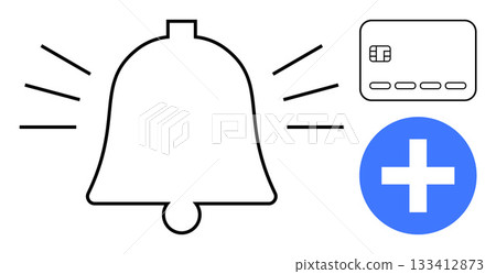 Ringing bell icon, credit card, and blue plus sign. Ideal for notifications, payments, adding, updates, financial reminders alerts and account creation. Line metaphor Ringing bell icon, credit card, and blue plus sign. Ideal for notifications, payments, adding, updates, financial reminders alerts and account creation. Line metaphor 133412873