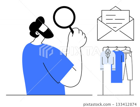 Man holding magnifying glass, examining details. Nearby envelopes and clothes on hangers. Ideal for investigation, attention to detail, communication, laundry services, organization, business 133412874