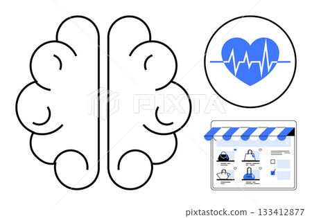 Brain icon next to a heart with an EKG line and a tablet displaying an online store app. Ideal for health technology, mental wellness, e-commerce, medical apps, brain health, online shopping, digital Brain icon next to a heart with an EKG line and a tablet displaying an online store app. Ideal for health technology, mental wellness, e-commerce, medical apps, brain health, online shopping, digital 133412877