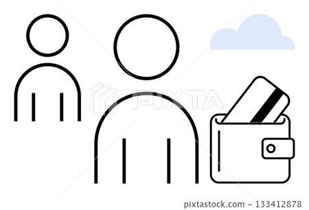 Human figures, wallet with credit card, and cloud icon. Ideal for finance, banking, digital payments, personal finance, online transactions business networks and cloud storage. Line metaphor Human figures, wallet with credit card, and cloud icon. Ideal for finance, banking, digital payments, personal finance, online transactions business networks and cloud storage. Line metaphor 133412878