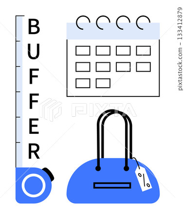 Buffer gauge, spiral calendar, and blue handbag with price tag on a white background. Ideal for time management, scheduling, budgeting, planning, measurement finance retail. Line metaphor Buffer gauge, spiral calendar, and blue handbag with price tag on a white background. Ideal for time management, scheduling, budgeting, planning, measurement finance retail. Line metaphor 133412879