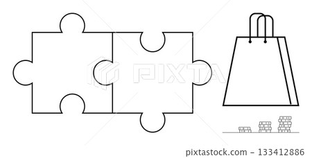 Interlocking puzzle pieces, a shopping bag, and coin stacks depict teamwork, commerce, and financial growth. Ideal for business, marketing, e-commerce, financial planning community collaboration 133412886