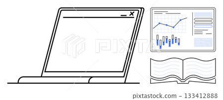Laptop with open screen, detailed analytics chart showing data points and trends, open book. Ideal for technology, education, business analysis, digital learning, online research, data visualization Laptop with open screen, detailed analytics chart showing data points and trends, open book. Ideal for technology, education, business analysis, digital learning, online research, data visualization 133412888